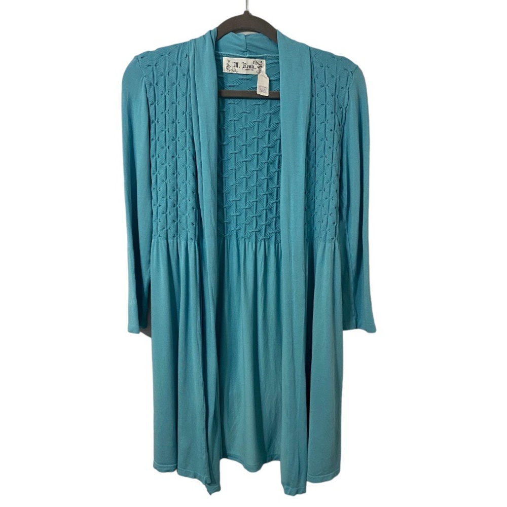 M. Rena Blue Open Front Textured Cardigan Duster Jacket Made in America USA OSFM